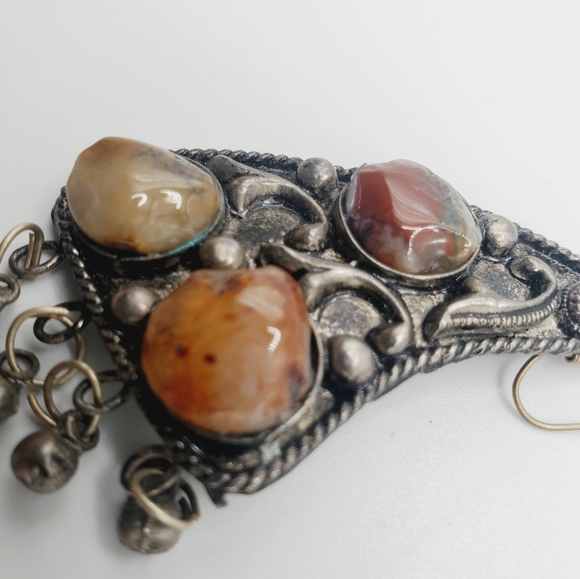 Artisan natural stones hand cut silver earrings butterfly wings vintage stunning - Picture 10 of 10